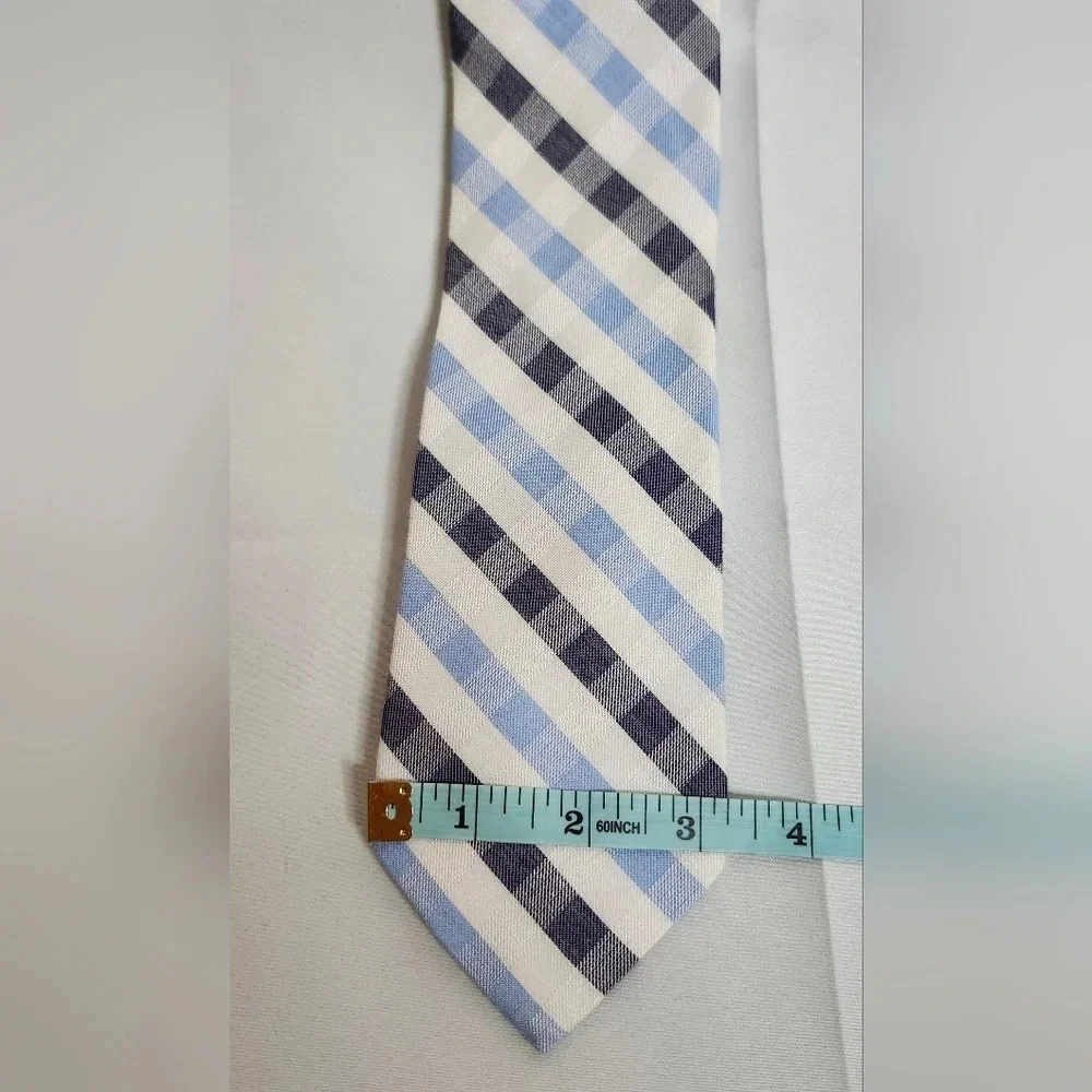 IZOD Tie Navy Light Blue‎ White Plaid Silk Cotton Blend Preppy Aademia Event